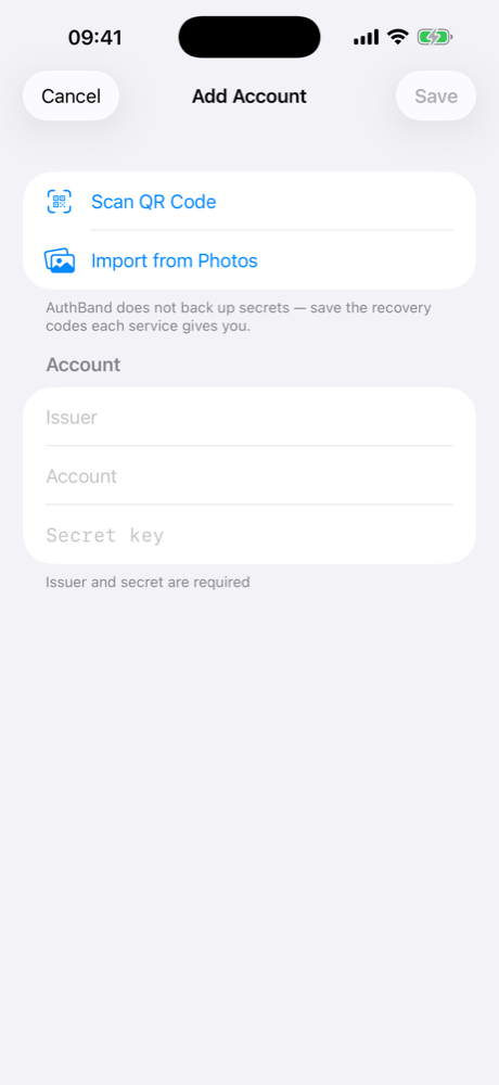 Add account form with Scan QR Code and Import from Photos