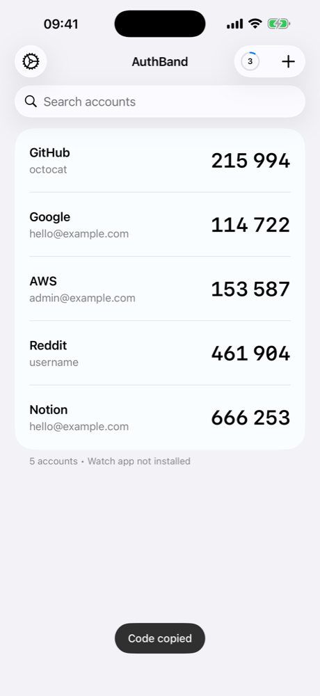 Account list on iPhone with monospace TOTP codes and Code copied toast