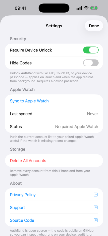 Settings: Security toggles, Apple Watch sync, About links