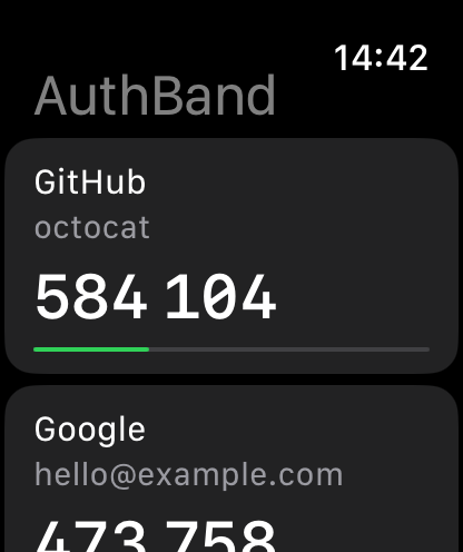 Account list on Apple Watch, GitHub and Google visible